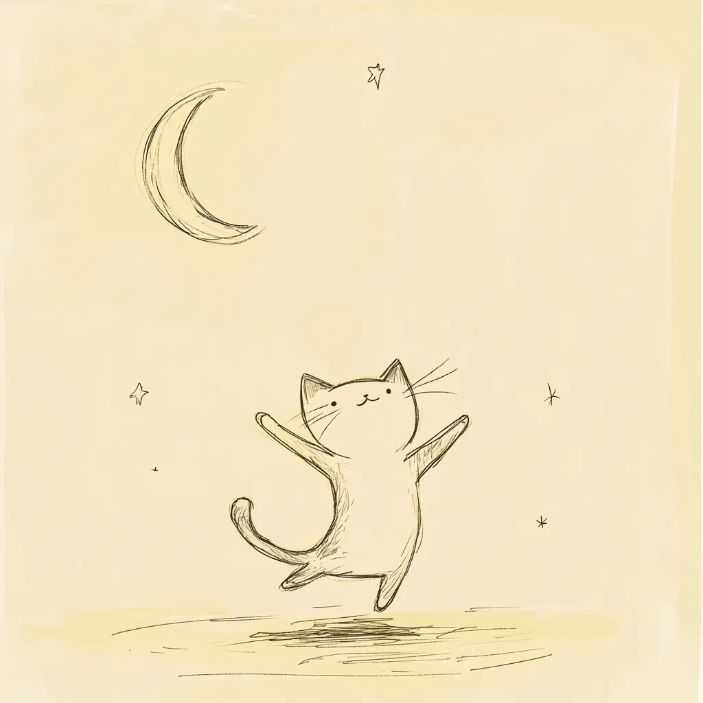 A whimsical sketch depicts a joyful cat leaping under a crescent moon and scattered stars. The cat's arms are outstretched, its expression is one of pure delight. The style is simple and childlike, using light, sketchy lines on a pale yellow background, evoking a dreamy, nighttime scene. The overall feeling is one of happiness and carefree joy.
