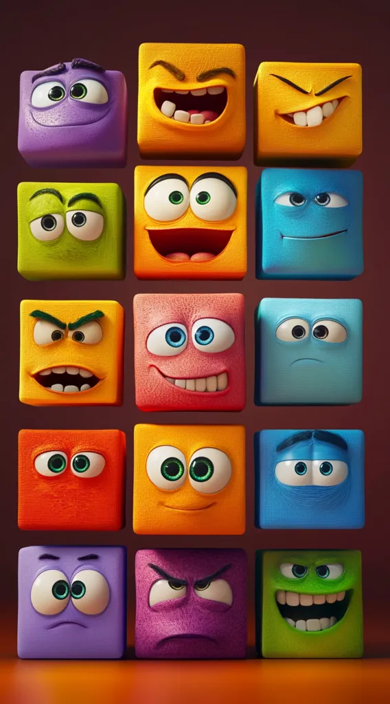 A grid of sixteen colorful, cube-shaped characters with expressive faces. Each cube displays a different emotion, ranging from happiness and surprise to anger and sadness.  The cubes are textured and appear soft, contributing to their cartoonish appeal.  The background is a muted orange-brown, making the vibrant cubes stand out.  The image suggests a playful and animated style.