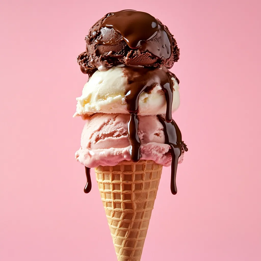 A delectable three-scoop ice cream cone stands against a pink backdrop.  Chocolate, vanilla, and strawberry ice cream are artfully stacked, generously drizzled with rich chocolate sauce. The waffle cone is crisp and golden brown, promising a delightful treat.  The image evokes a sense of sweet indulgence and summery enjoyment.