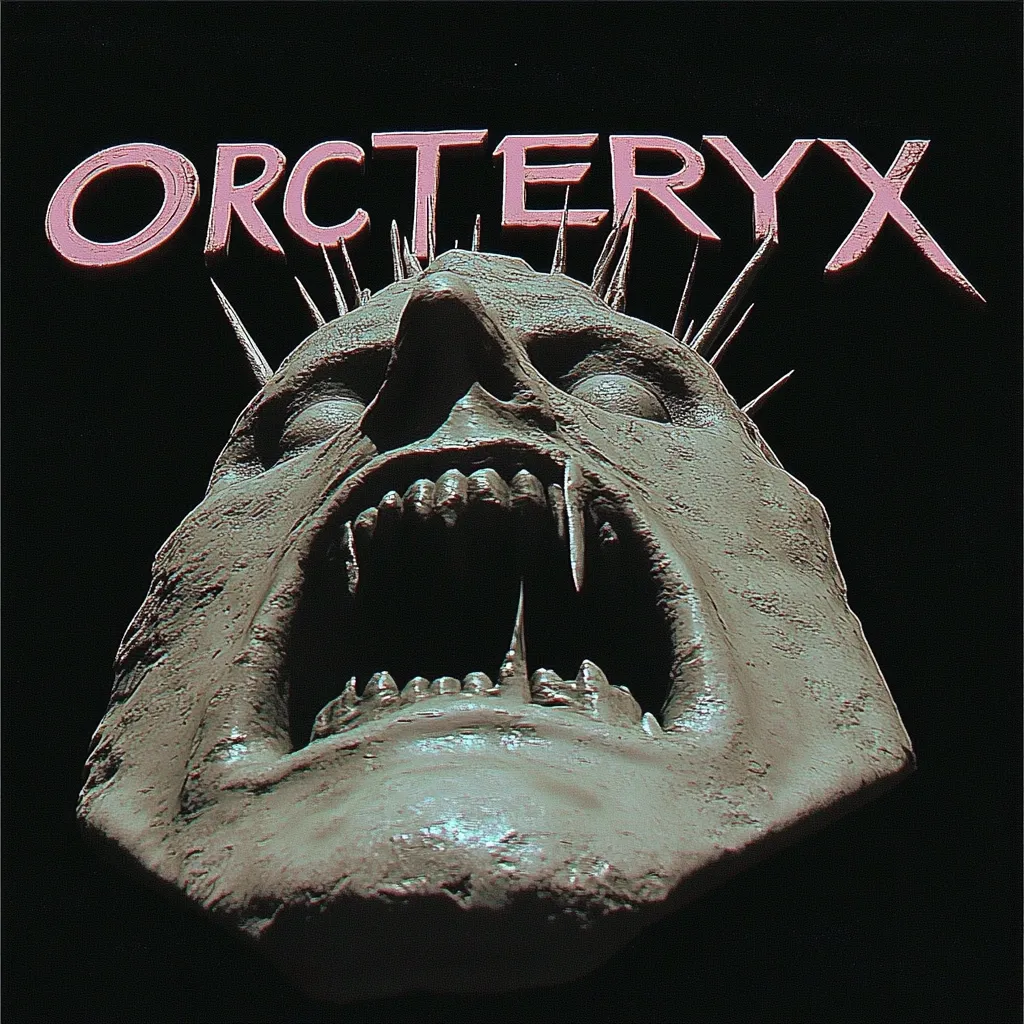 A grotesque, demonic face dominates the image, its mouth agape in a silent scream, revealing sharp teeth and fangs.  Spikes protrude from its head, adding to the monstrous effect.  The word "ORCTERYX" is emblazoned above, in a stylized, pinkish font, contributing to the overall dark and ominous atmosphere.  The image is rendered in a style that suggests digital art or graphic design.