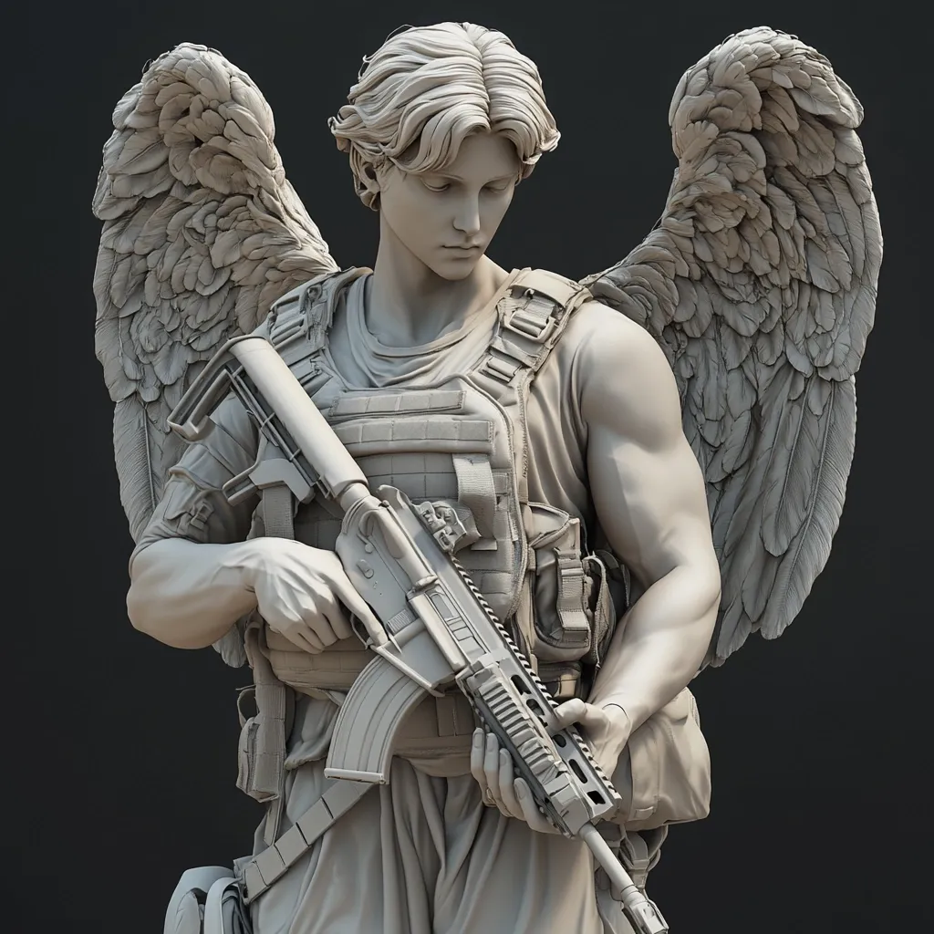 A grayscale 3D render depicts a statue of an angel, wings outstretched, yet clad in tactical gear.  The angel, with a sorrowful expression, holds an assault rifle.  The detailed sculpture contrasts the traditional angelic imagery with modern military attire, creating a powerful and thought-provoking image. The figure is realistically rendered, showcasing the texture of the wings and the weight of the weapon.