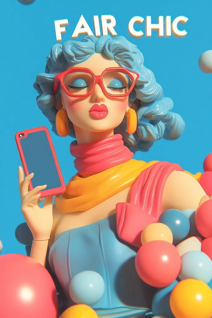 A stylized 3D rendering depicts a fair-skinned woman with vibrant blue hair, red glasses, and a colorful scarf.  She holds a smartphone, her expression serene. The background is a bright blue, punctuated by pastel-colored balloons surrounding her. The text "FAIR CHIC" overlays the image, suggesting a fashion or beauty theme.  The overall aesthetic is playful and retro-modern.