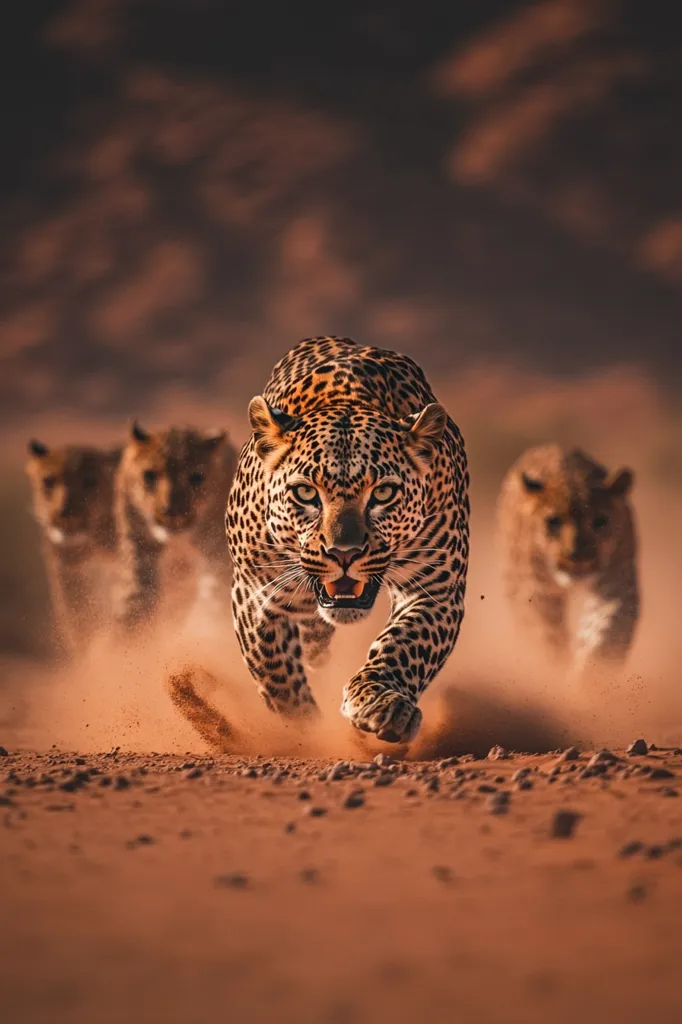 A powerful leopard leads a pack in a dramatic chase across a dusty landscape.  The foreground is sharply focused on the lead leopard, its intense gaze and powerful stride highlighted by the dust cloud kicked up behind it.  Two other leopards follow in a blurred background, suggesting speed and urgency. The warm, reddish tones of the setting enhance the intensity of the scene.