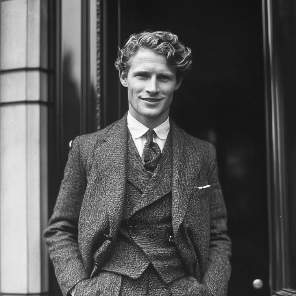 A black and white portrait of a man in a three-piece suit.  He has wavy hair and a pleasant expression. The suit is a dark tweed, and he wears a collared shirt and patterned tie. His hands are in his pockets. The background is a dark doorway, suggesting an outdoor setting. The image has a classic, vintage feel, possibly from the early to mid-20th century.
