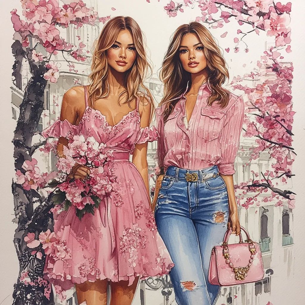 A watercolor illustration depicts two stylish women amidst blossoming pink cherry trees. One woman wears a delicate pink floral dress, holding a bouquet of similar flowers. The other is dressed in a pink shirt, jeans, and carries a pink handbag.  Their fashion is contemporary and elegant, set against a backdrop of a classical building. The overall style is romantic and fashionable.