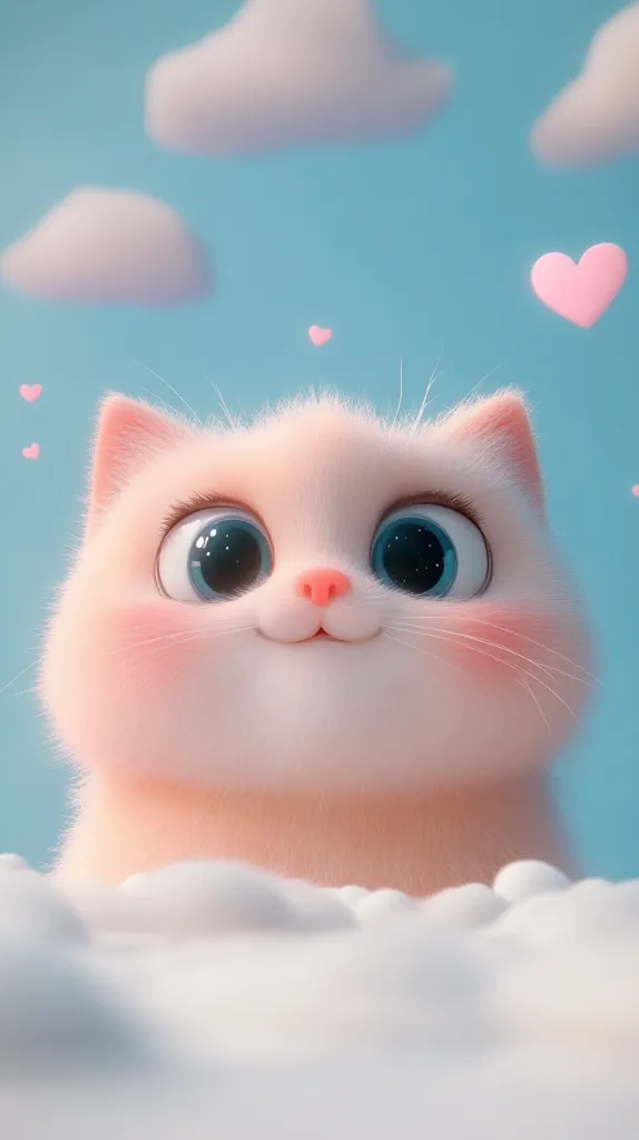 An adorable, fluffy, cartoon cat with large, expressive eyes looks upward.  Pink hearts float in a pale blue sky dotted with fluffy white clouds. The cat's soft, peach-colored fur and rosy cheeks create a charming and heartwarming image.  The overall style is cute and whimsical.