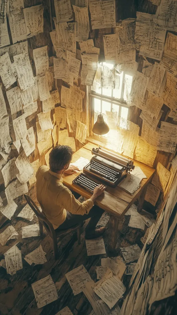 A man sits at a wooden desk in a small room, surrounded by scattered sheets of music.  He types on an antique typewriter, bathed in the warm light of a lamp.  The walls are completely covered in more musical scores, creating a cluttered yet atmospheric workspace.  The overall scene evokes a sense of creative immersion and dedication to artistry.