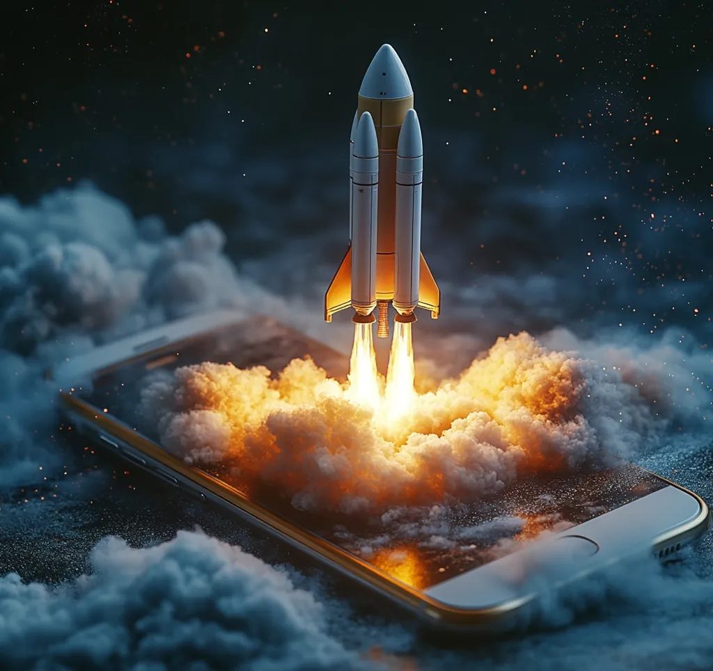 A stylized image depicts a rocket launching from a smartphone screen, engulfed in fiery orange and yellow smoke.  The rocket is white and orange, with three main engines blazing.  The scene is dark and dramatic, suggesting a powerful, rapid ascent. The smartphone rests on a dark surface, surrounded by swirling smoke, creating a visually striking contrast.  The overall impression is one of technological innovation and rapid growth.