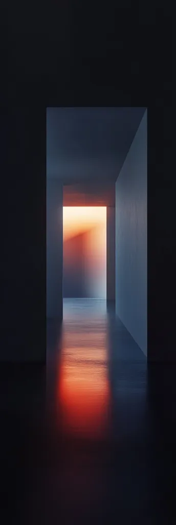 A long, narrow corridor bathed in darkness leads to a bright, orange-hued doorway.  The light at the end, resembling a sunset, reflects intensely on the glossy floor, creating a vibrant, almost surreal path. The minimalist architecture emphasizes the dramatic contrast between light and shadow.  The scene evokes a sense of mystery and anticipation.