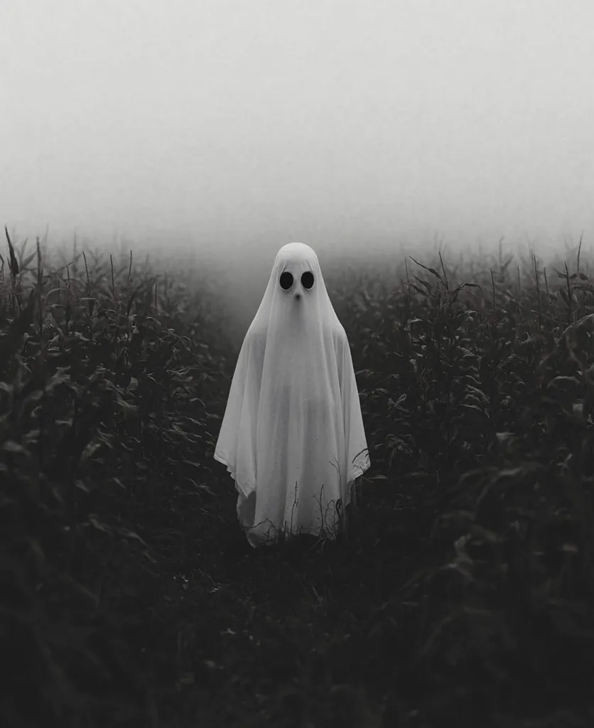 A ghostly figure, cloaked in a white sheet and sporting dark, circular eyeholes, stands amidst a field of tall, dark plants.  A thick fog hangs in the air, creating an eerie and mysterious atmosphere. The monochrome palette enhances the image's somber and haunting mood, suggesting a scene of spectral apparition in a desolate landscape.