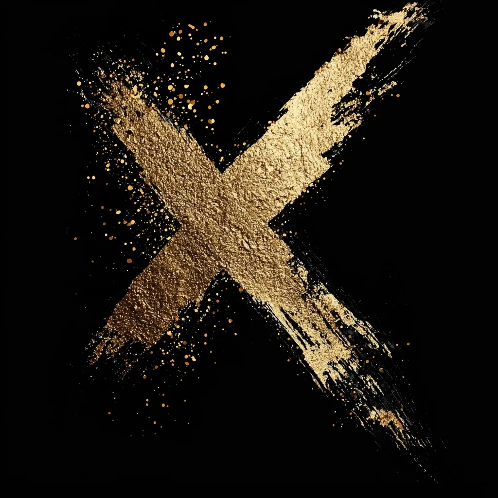 A striking image features a bold, gold-textured 'X' formed by thick brushstrokes against a stark black background.  The gold paint has a slightly rough, metallic appearance, with flecks of gold scattered around the 'X', adding to its opulent feel. The contrast between the luxurious gold and the deep black creates a dramatic and visually captivating effect.