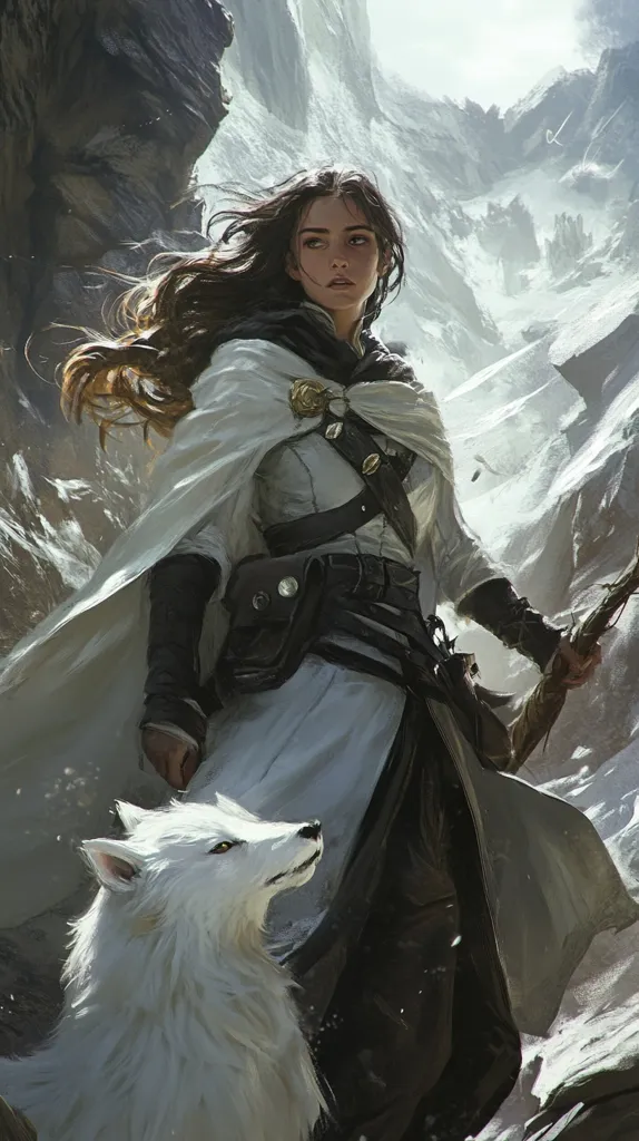A young woman with long brown hair, clad in a white cloak and dark leather armor, stands amidst a snowy, mountainous landscape.  She carries a staff and is accompanied by a large, fluffy white wolf.  The scene evokes a sense of adventure and fantasy, with a serene yet determined atmosphere surrounding the female protagonist and her loyal companion.  The cold, harsh beauty of the environment contrasts with the warmth of their bond.