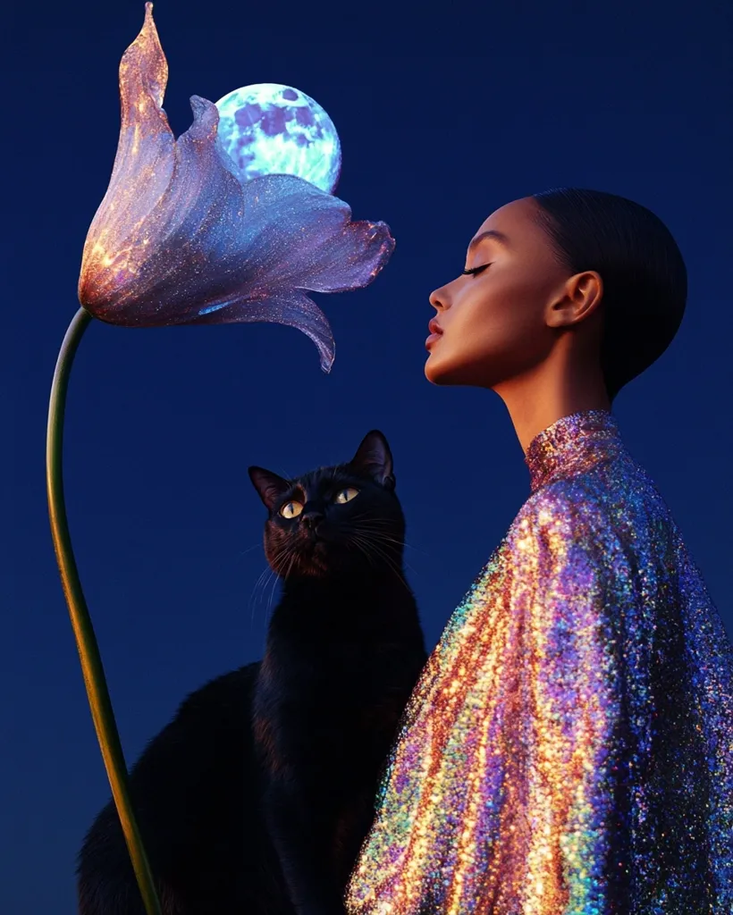 A woman in a shimmering iridescent cape stands beside a black cat, gazing at a large, luminous flower illuminated by a bluish moon.  The scene is set against a deep blue night sky.  The ethereal quality of the flower and the moon creates a mystical and captivating atmosphere. The overall image evokes a sense of fantasy and mystery.