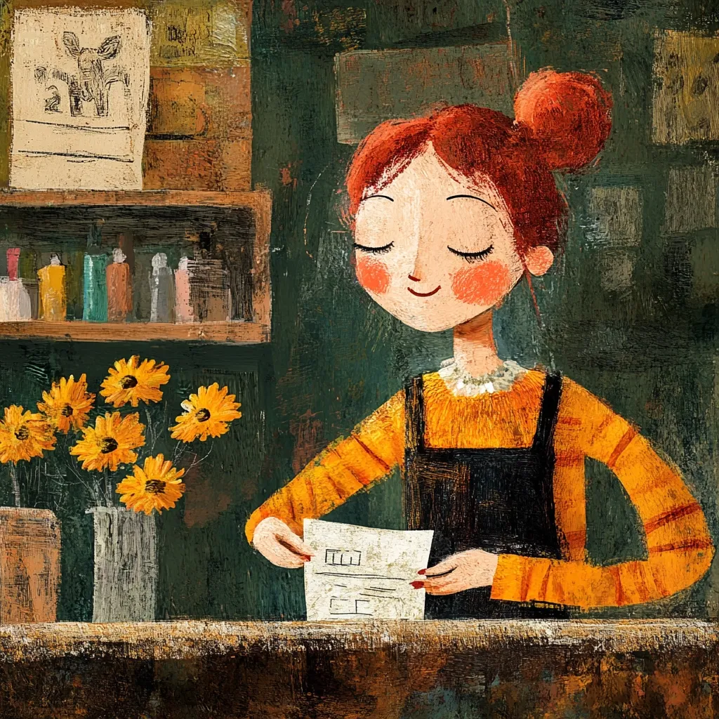 A young woman with red hair, styled in a bun, stands behind a counter in a shop.  She wears an orange sweater and a dark pinafore.  A bouquet of yellow sunflowers sits in a vase nearby. The woman holds a piece of paper, possibly a receipt or note, and her eyes are closed, suggesting a peaceful or thoughtful moment. The shop's background features shelves with various items and a textured, dark green wall.  The style is painterly and slightly impressionistic.