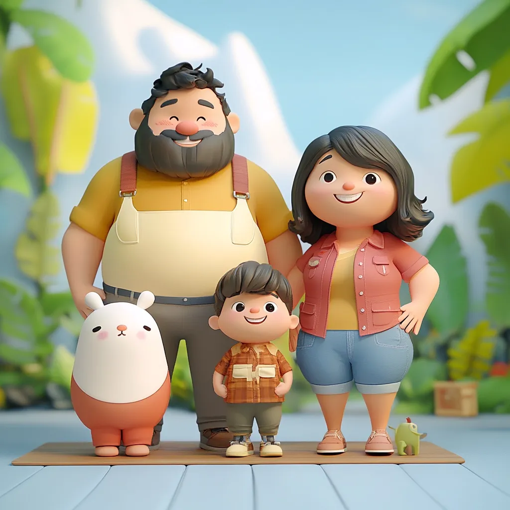 A charming 3D-rendered image depicts a happy family: a large, bearded father in overalls, a mother in a red shirt and denim shorts, and their young son in a plaid shirt.  A small, cute white and orange creature stands beside them. The family stands on a wooden platform against a blurred background of lush greenery and a hint of mountains, creating a warm and idyllic scene.