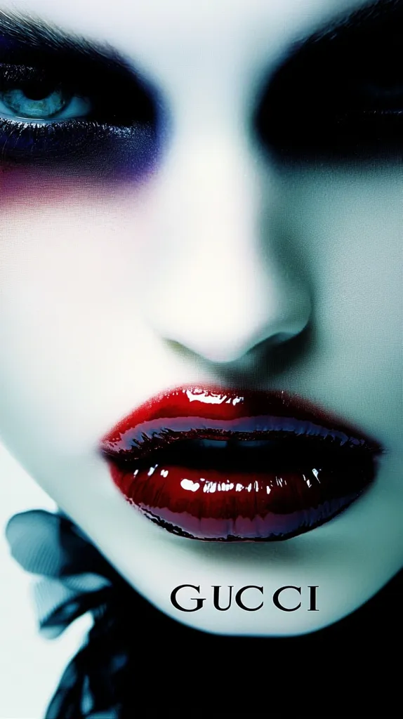 Close-up of a woman's face, heavily made up with dark eyeshadow and vibrant red lipstick.  Her pale skin contrasts sharply with the intense makeup.  The image is high contrast and moody. The word "GUCCI" is subtly printed at the bottom.  The overall aesthetic is dramatic and glamorous.