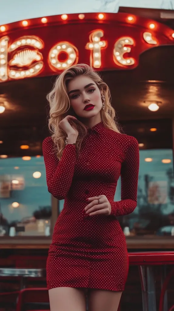 A young woman with blonde, wavy hair poses in front of a retro-style cafe sign. She wears a form-fitting, red polka-dot mini dress with long sleeves.  Her makeup is striking, featuring red lipstick. The overall ambiance is vintage and glamorous, enhanced by the warm lighting of the cafe sign.