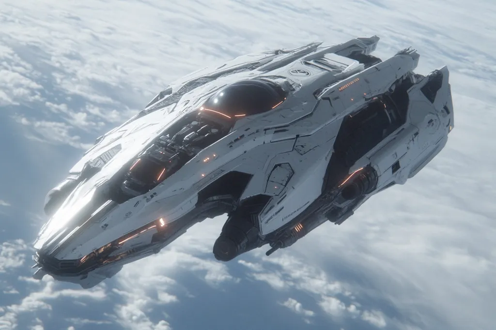 A sleek, white spaceship, possibly a futuristic fighter or freighter, soars through a cloudy atmosphere.  Its design is angular and detailed, with visible engines and glowing orange accents. The craft appears technologically advanced, with a smooth, polished exterior. It's a striking image, suggesting a science fiction setting or video game.  The clouds below provide a dramatic backdrop.