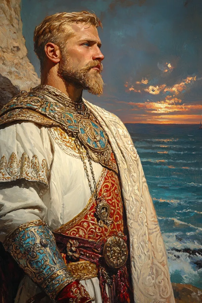 A portrait of a blond, bearded man in ornate, gold and red clothing stands against a dramatic sunset ocean backdrop.  His attire suggests a regal or high-ranking position, with intricate details in his garments and jewelry. The artist's use of light and shadow creates a sense of depth and grandeur. The overall mood is one of contemplative majesty.