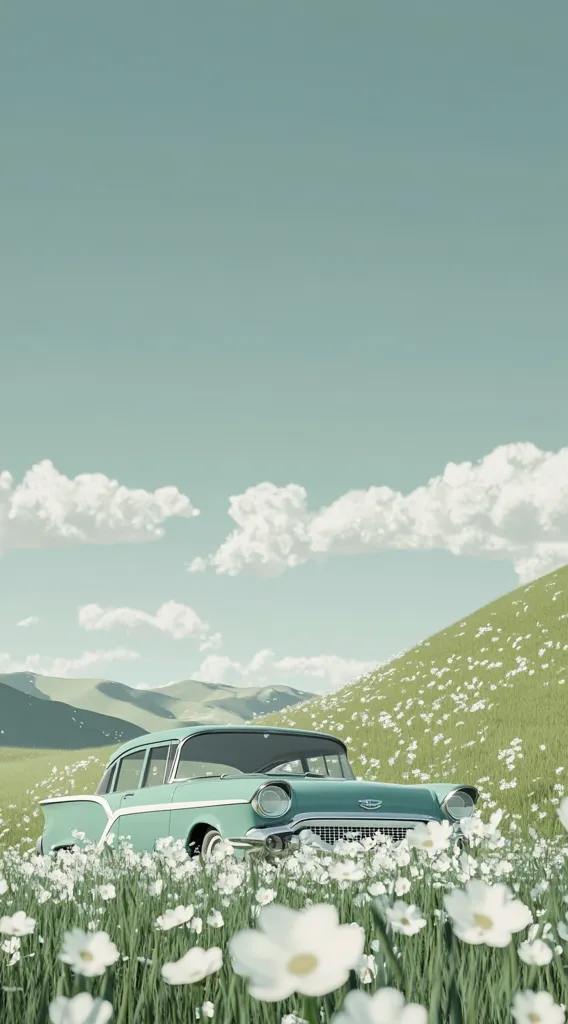 A vintage light teal car sits nestled in a field of white daisies.  Rolling green hills and a pale blue sky form a serene backdrop. The scene evokes a feeling of calm and nostalgia, suggesting a peaceful countryside escape. Soft light bathes the landscape, enhancing the idyllic atmosphere.