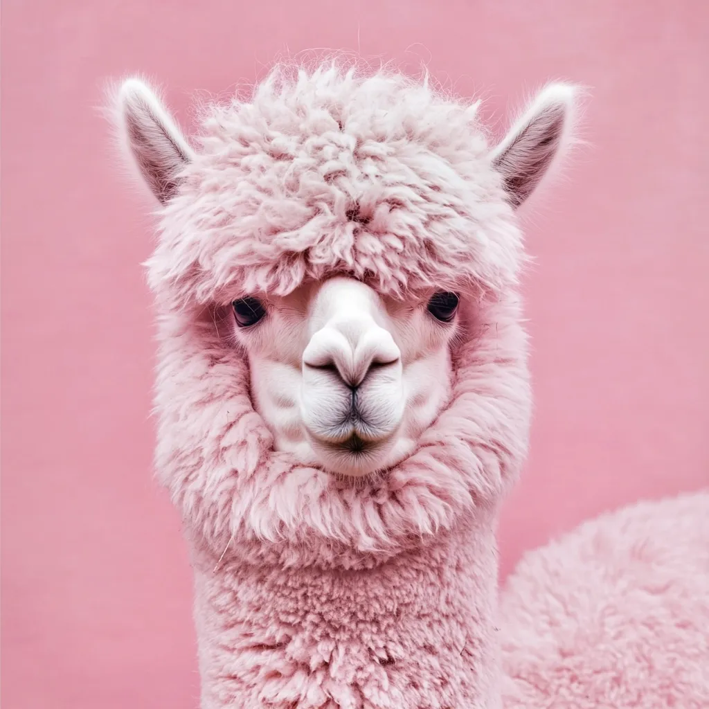 A fluffy alpaca, its coat a soft pink, stares directly at the camera against a matching pink background.  The alpaca's face is clearly visible, showing its dark eyes and gentle expression. The thick, luxurious fleece is the prominent feature, giving it a cuddly appearance. The image is sharply focused and evokes a sense of calm.