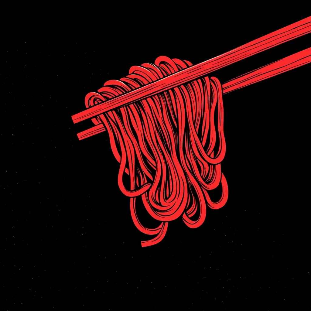 A stylized illustration showcases a vibrant red clump of noodles delicately held aloft by a pair of chopsticks against a stark black backdrop.  The noodles are intricately detailed, suggesting texture and weight. The graphic style is bold and minimalist, creating a striking visual impact. The overall impression is one of simple elegance and deliciousness.