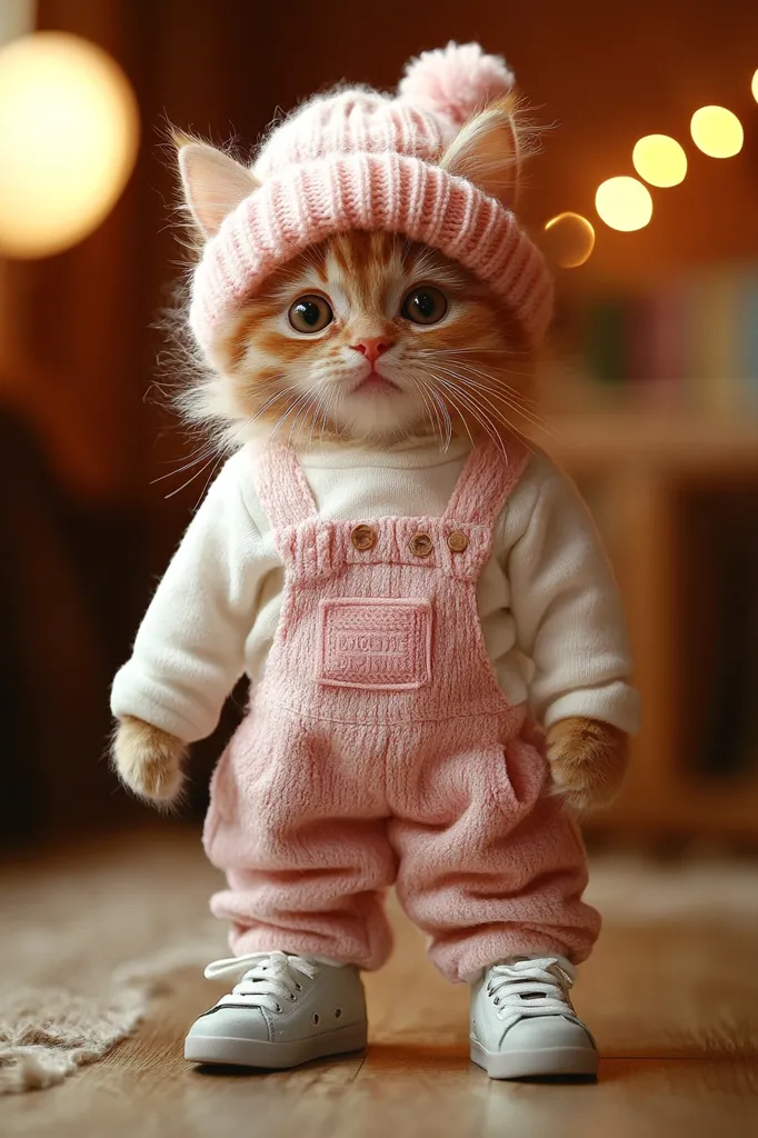 An adorable ginger kitten is dressed in a charming outfit.  It wears a pink knitted hat with a fluffy pom-pom, a matching pink sweater and overalls, and tiny white sneakers. The kitten stands on a wooden floor with a blurry background of warm lighting. Its big, expressive eyes and overall cuteness are captivating.