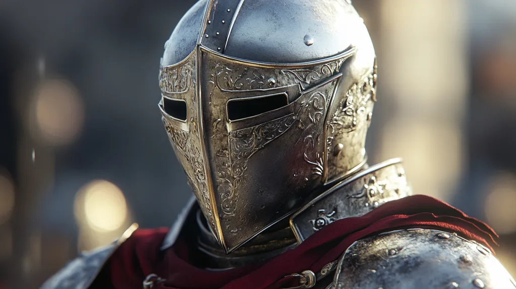 Close-up view of a knight's ornate helmet and shoulder armor.  The helmet is silver with intricate gold detailing, showcasing a high level of craftsmanship.  A dark red cloth drapes over the shoulder armor. The background is blurred, focusing attention on the metallic textures and details of the knight's attire. The image evokes a sense of history and chivalry.