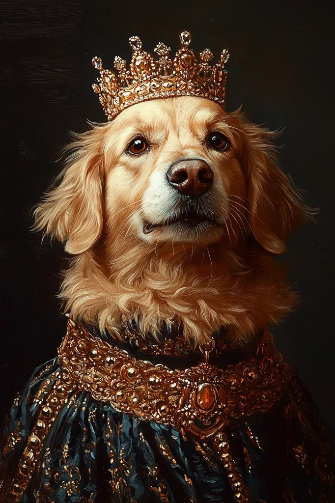 A regal Golden Retriever, adorned in a lavish gold crown and ornate dark-blue robe embellished with gold detailing, is depicted in a painting reminiscent of classic royal portraits.  The dog's fur is meticulously rendered, showcasing a rich, golden hue.  The overall effect is one of majestic elegance and playful grandeur.