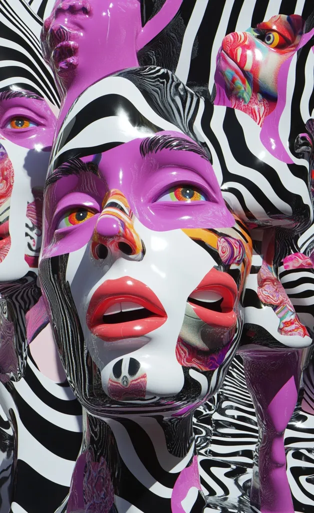 A close-up shot reveals a vibrant, abstract artwork featuring multiple stylized faces.  The faces are rendered in glossy, purple and white tones, overlaid with swirling black and white patterns and collage-like elements.  The overall effect is one of surrealism and bold graphic design, with the faces partially obscuring one another in a layered composition.  The bright colors and contrasting textures create a striking visual impact.