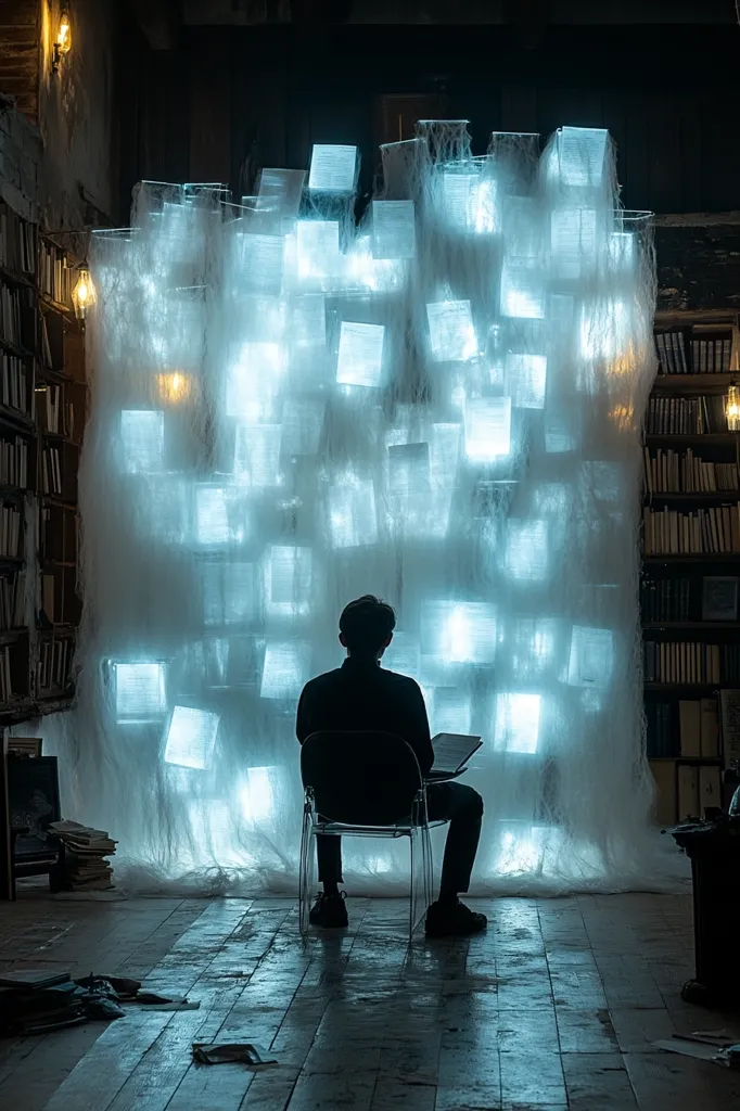 A person sits in a chair, back to the camera, reading a book.  Behind them, a large installation of translucent, glowing squares hangs from a gauzy fabric, resembling a wall of illuminated pages.  The setting is dimly lit, with bookshelves visible on either side, creating an atmosphere of mystery and contemplation.  The overall mood is serene and slightly melancholic.