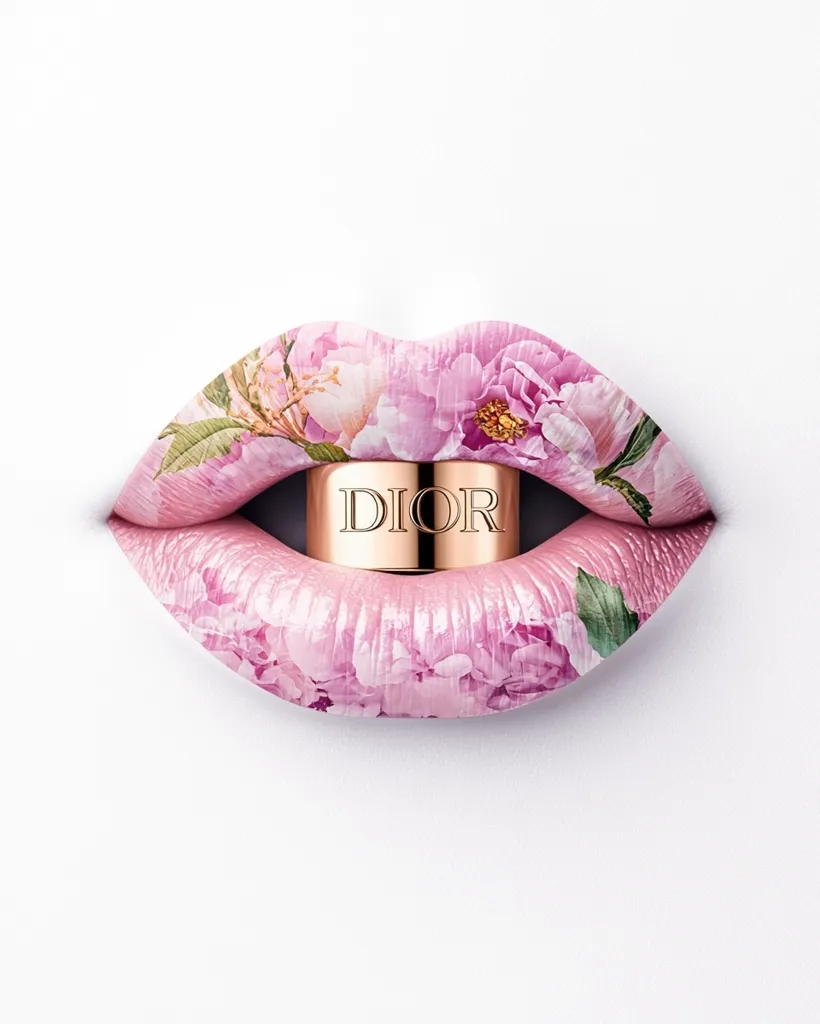 A pair of lips, adorned with a delicate floral design of pink peonies and greenery, are artfully depicted.  A rose gold Dior lipstick tube is nestled between the lips, adding a touch of luxury to the image. The overall aesthetic is one of elegance and beauty, highlighting the product against a clean, white background.
