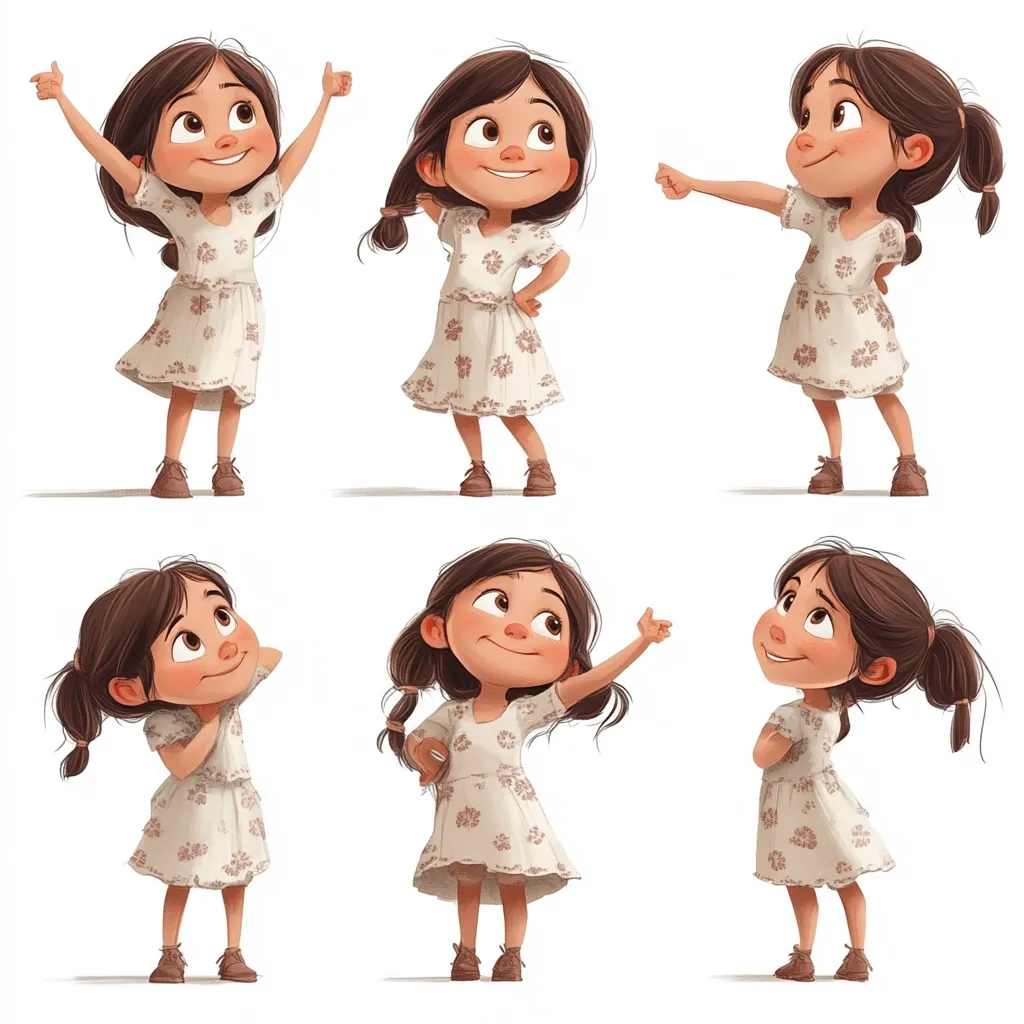 Six illustrations depict a cute girl with dark brown hair in a floral dress, showcasing various playful poses.  She's seen giving thumbs up, striking a confident pose, pointing, looking up thoughtfully, and holding an unseen object.  The style is cheerful and expressive, with a soft, slightly cartoonish rendering.