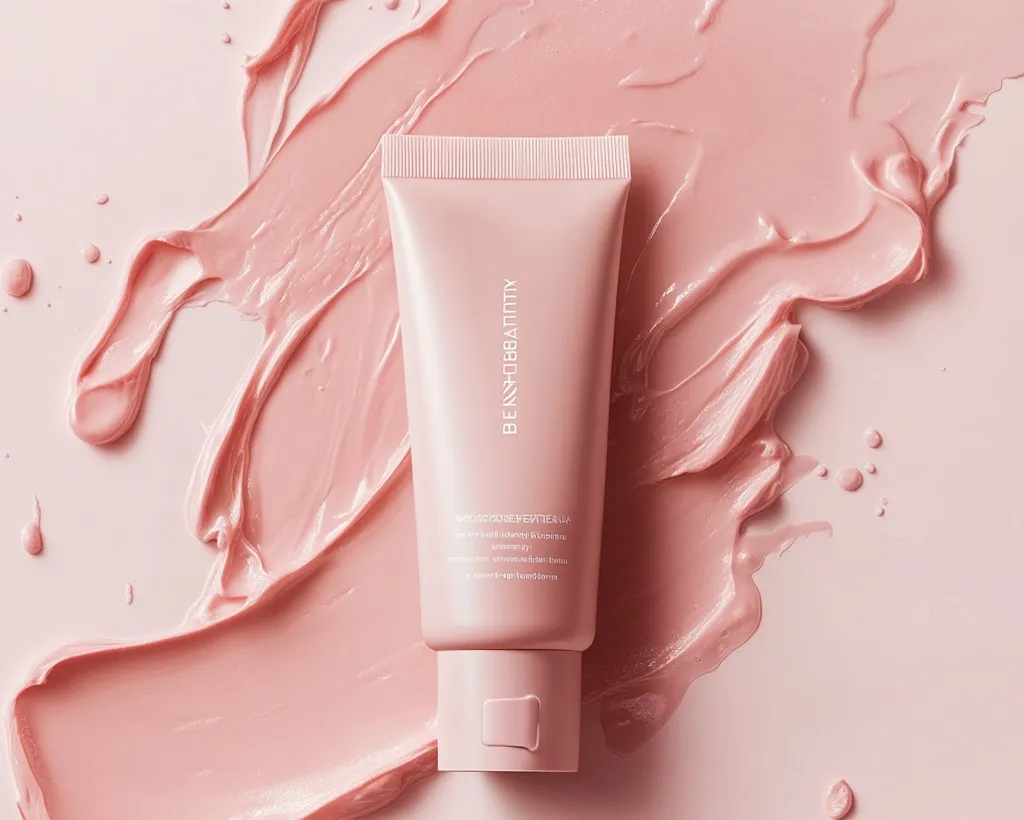 A tube of pink Benzoa Beauty's Glass Skin Perfector sits on a background of similarly colored cream swirls. The product's name is vertically oriented on the tube.  The packaging and background create a cohesive, minimalist aesthetic, emphasizing the product's luxurious feel.  Small text details are visible on the tube, likely describing the product's benefits.