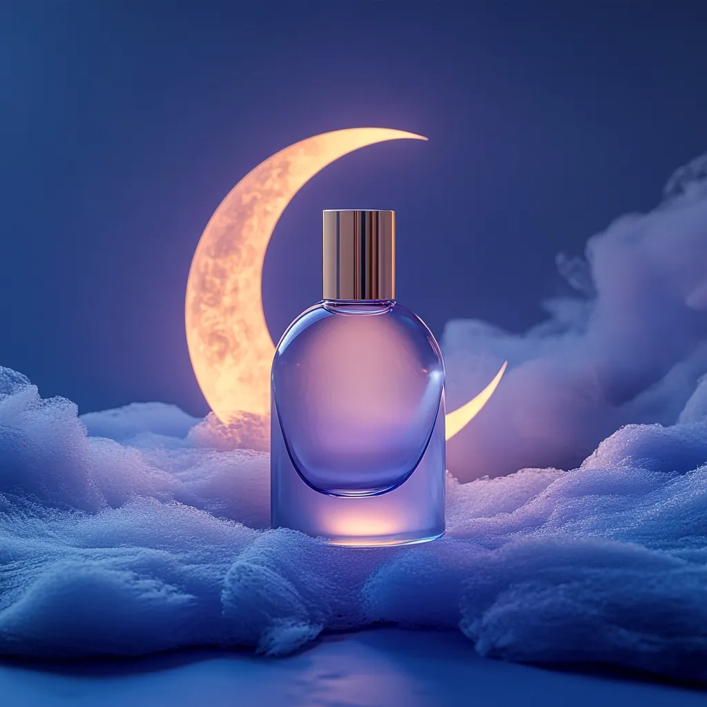 A purple glass perfume bottle with a gold cap sits on a bed of fluffy, blue clouds against a backdrop of a glowing crescent moon and a hazy, twilight sky.  The scene is softly lit, creating a dreamy, ethereal atmosphere. The perfume bottle is the central focus, highlighted by the warm light emanating from behind it.