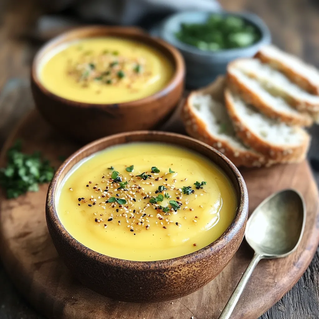 Two bowls of creamy yellow soup, garnished with sesame seeds and herbs, are the focal point.  A wooden board holds the bowls, along with slices of crusty bread.  A spoon rests nearby. The background is subtly blurred, highlighting the vibrant color and texture of the soup. The overall mood is warm and inviting, suggesting a comforting and delicious meal.