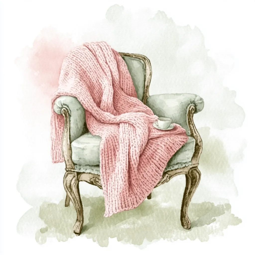 A watercolor painting depicts a cozy scene: an antique-style armchair draped with a soft pink knitted throw.  A small teacup rests on a saucer on the armrest, adding to the feeling of peaceful relaxation. The soft color palette and painterly style create a calming and inviting atmosphere. The background is a muted watercolor wash of greens and pinks.