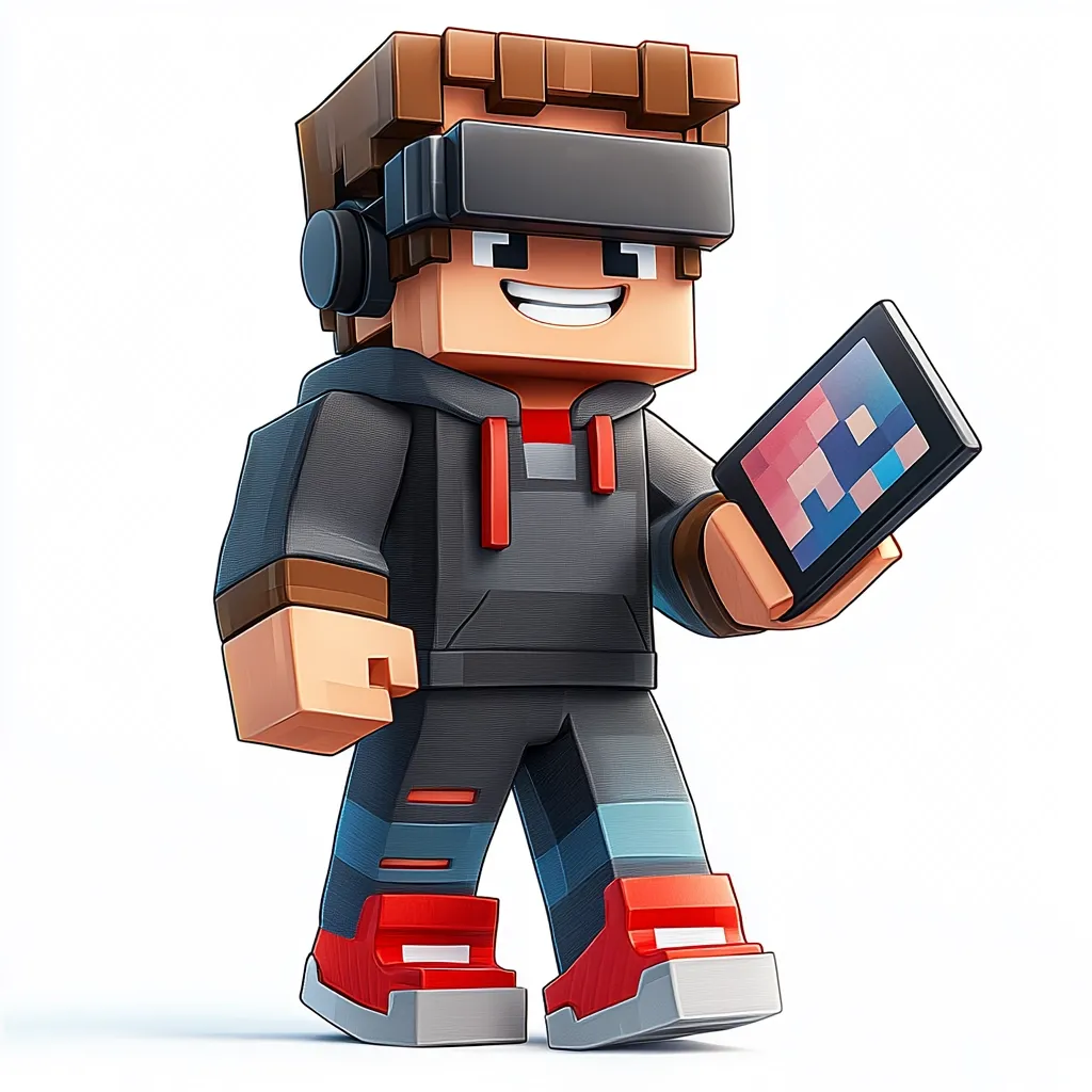 A 3D rendered Minecraft-style character, sporting a dark grey hoodie, red accents, and stylish sneakers, is depicted wearing a VR headset and holding a tablet displaying a pixelated image.  The character's blocky design is complemented by realistic textures and a cheerful expression, suggesting immersive gaming enjoyment.  The overall image is bright and clean, set against a white background.