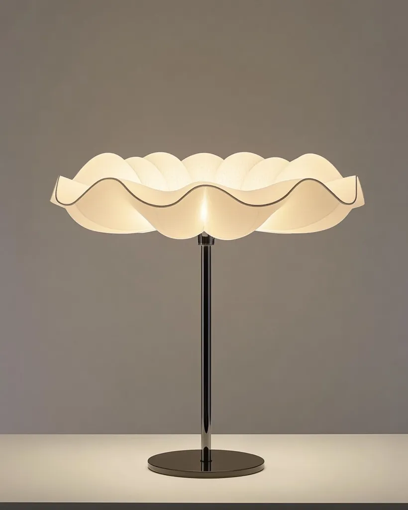 A modern table lamp with a unique design.  The lampshade is a soft, off-white, and sculpted into a wavy, shell-like form.  It sits atop a sleek, slender, dark metal stem and circular base. The overall aesthetic is minimalist and elegant, emitting a warm, diffused light.
