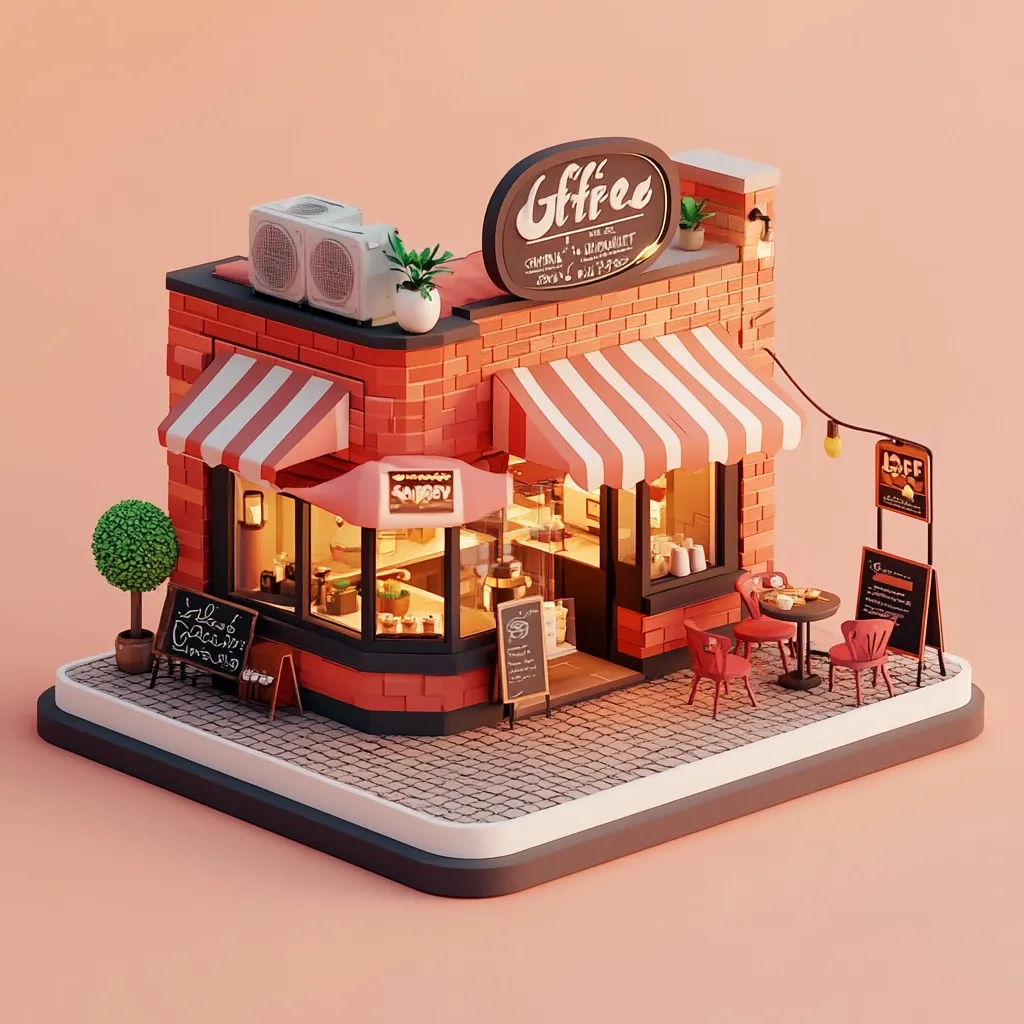 A charming, miniature 3D model of a coffee shop is depicted.  The brick building features a striped awning, outdoor seating, and signage advertising "Coffee" and "Bakery."  Small details like potted plants and air conditioning units add to its realistic appeal. The scene is brightly lit, showcasing the cozy interior and inviting atmosphere of the café. The overall style is cute and stylized.