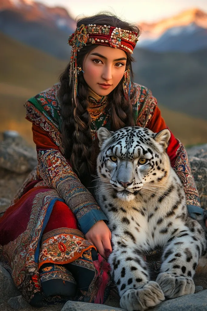 A young woman, adorned in a vibrant, intricately embroidered traditional Central Asian dress and headdress, sits serenely beside a snow leopard.  The woman's dark hair is styled in long braids, and her expression is calm and captivating. The majestic snow leopard rests peacefully, its striking coat contrasting with the rich colors of her clothing.  The mountainous backdrop suggests a remote, natural setting.