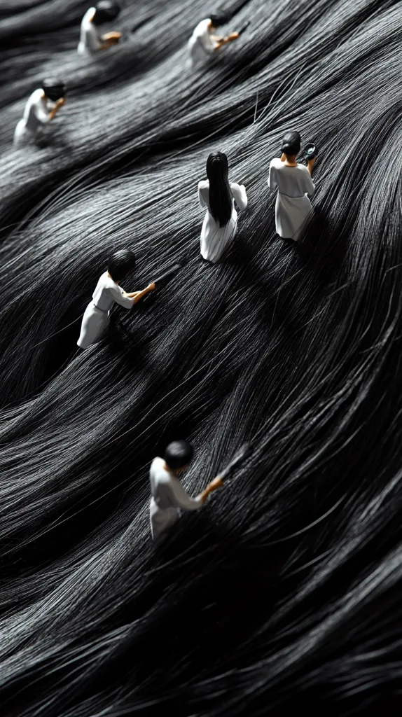 Miniature figures in white garments are meticulously working amongst a vast expanse of long, dark hair.  They appear to be tending to or processing the hair, their small forms dwarfed by the scale of the flowing strands. The scene evokes a sense of immense detail and delicate labor, with a stark contrast between the figures and the dark, textured backdrop. The overall impression is one of artistry and precision.