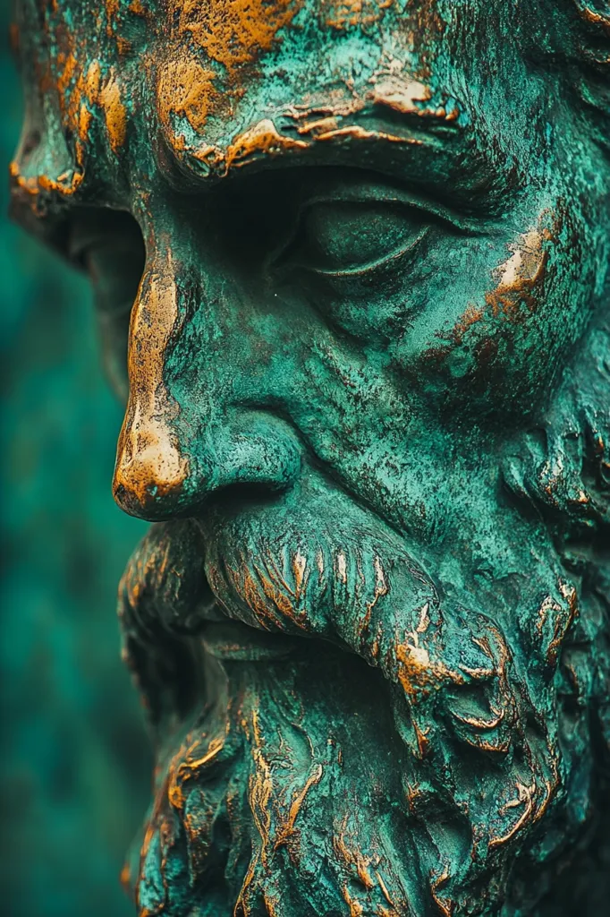Close-up of a weathered bronze bust, possibly depicting a philosopher or sage.  The teal and gold patina highlights the intricate detail of the face, beard, and furrowed brow.  The texture is rough and aged, suggesting years of exposure to the elements. The sculpture's expression is pensive and contemplative, conveying a sense of wisdom and history.