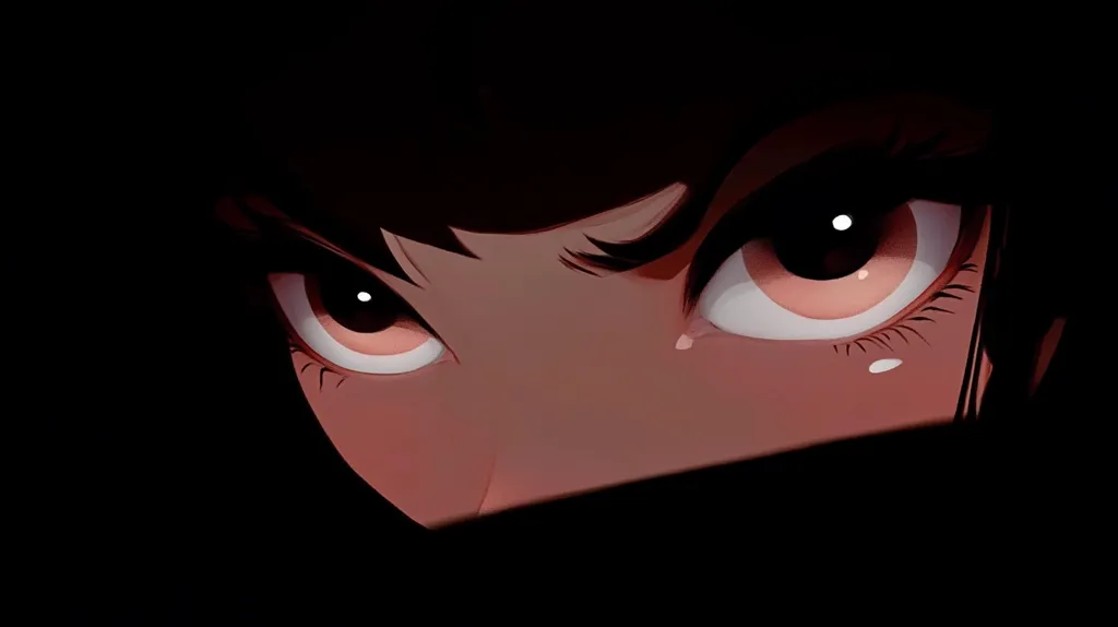 A close-up illustration showcases a woman's intense gaze.  Her dark brown eyes, wide with an expression of anger or suspicion, dominate the frame.  Only her eyes and upper face are visible, partially obscured by shadows and darkness. The style is anime-influenced, with sharp lines and richly saturated colors.  A sense of mystery and tension pervades the image.