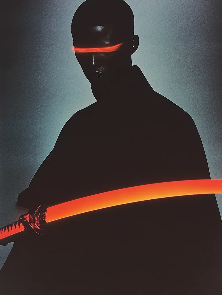 A stylized image depicts a dark-skinned individual, seemingly a warrior, shrouded in shadow.  They wear a dark robe and a glowing red band across their eyes. A katana, also emitting a vibrant red light, arcs across the foreground. The overall mood is dark, futuristic, and mysterious, suggesting a blend of cyberpunk and samurai aesthetics.