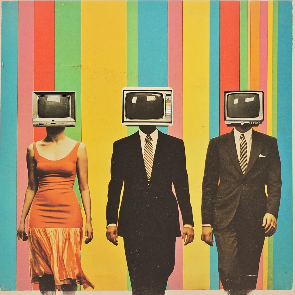 A retro-style collage features three figures walking against a vibrant, multicolored striped background. Each figure has a vintage television set replacing their head.  One woman in an orange dress and two men in suits are depicted, symbolizing perhaps the pervasive influence of television on society and conformity. The image's bold colors and design evoke a sense of 1960s-70s pop art.