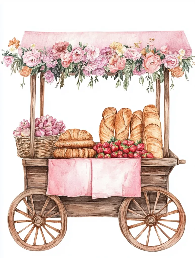 A charming watercolor illustration depicts a rustic wooden cart adorned with a pink canopy overflowing with pink and white flowers.  The cart is laden with freshly baked bread, croissants, a basket of purple grapes, and a bountiful pile of ripe strawberries.  The scene evokes a quaint, idyllic market setting, suggesting a delightful array of baked goods and fresh produce.