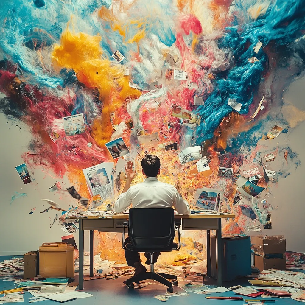 A man sits at a desk, his back to the viewer, amidst a vibrant explosion of color and papers.  The chaotic scene suggests an overwhelming amount of information or creative energy erupting around him.  The colorful clouds of paint and flying documents create a surreal and intense visual, hinting at a state of mental overload or intense creative process.  The overall effect is one of vibrant chaos and artistic expression.