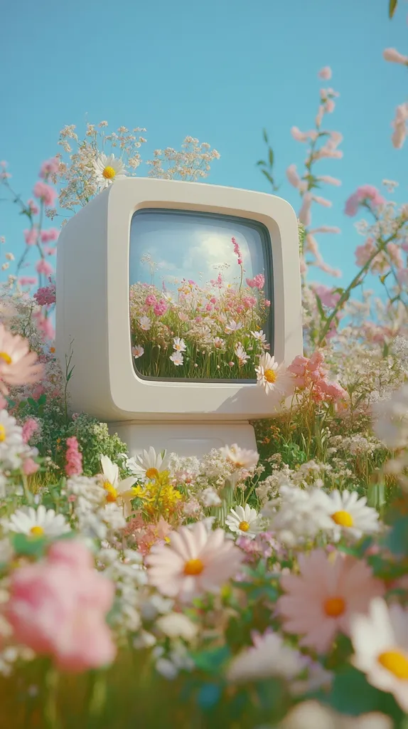 A vintage-style television sits nestled in a vibrant field of wildflowers.  The screen reflects a similar scene, blurring the line between reality and the image. Pastel pinks, whites, and yellows dominate the floral display, creating a dreamy, idyllic atmosphere under a bright blue sky. The overall aesthetic is soft, whimsical, and nostalgic.