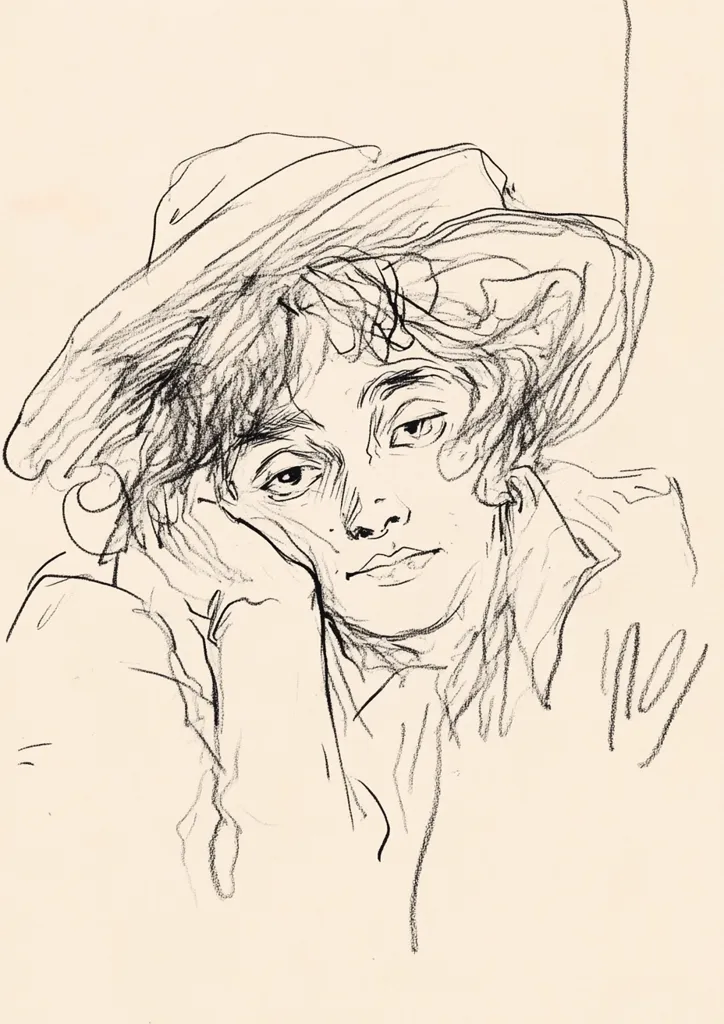 A delicate pencil sketch captures a woman's pensive portrait.  She rests her head on her hand, her expression thoughtful and serene.  Her hair is loose and wavy, partially obscured by a wide-brimmed hat. The artist uses loose, expressive lines to convey both the subject's features and her mood. The style is reminiscent of a quick yet insightful observation, prioritizing emotion over precise detail.